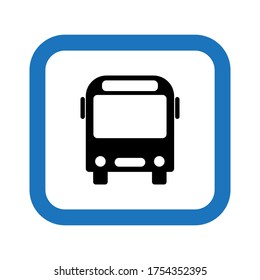 Icono de bus vector en vista frontal. Transporte escolar en la ciudad con un fondo azul. Ilustración plana de la ruta pública.