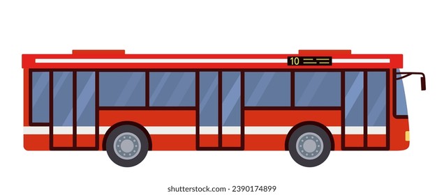 Icono de autobús vectorial, símbolo de viaje de transporte en diseño plano, ilustración del autobús de pasajeros de la ciudad roja, vista lateral, aislado en fondo blanco