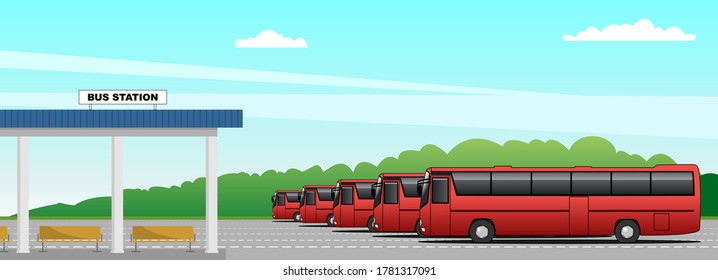 Vector bus station, intercity buses. Modern flat vector illustration for banner, poster, flyer or landing page