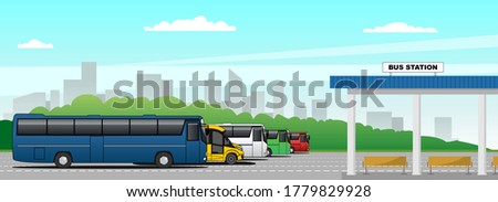 Vector bus station, intercity buses on the background of the cityscape; for banner, poster, flyer or landing page. Modern flat vector illustration.