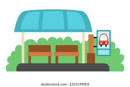 Vector bus stop icon. Cartoon public transport waiting station. City or countryside transportation clipart with greenery, benches, roof and timetable. Cute comfortable destination point for town map

