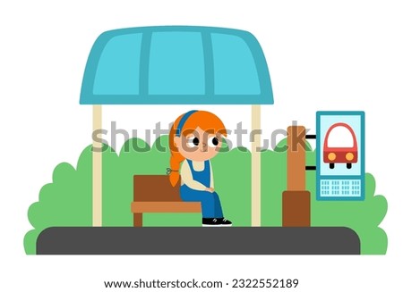 Vector bus stop icon with waiting girl. Cartoon public transport station. City or countryside transportation clipart with greenery, bench, roof, timetable. Cute comfortable destination point
