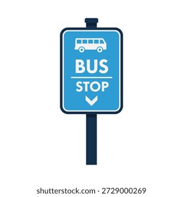vector bus stop sign icon on blue panel with white bus symbol. Clean vector illustration for public transport, transit, travel, and urban concepts.