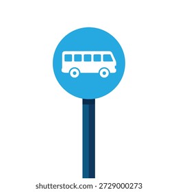 vector bus stop sign icon on blue circular panel with white bus silhouette, mounted on tall dark blue pole.