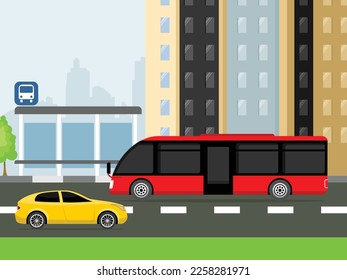 Vector bus stop. View of modern street with a bus on the road. Vector illustration