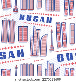 Vector Busan Seamless Pattern, square repeat background with illustration of red modern busan city scape on white background for wrapping paper, decorative line art urban poster with blue text busan