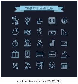 vector busines, money and finance thin line icon set on a black background for your design