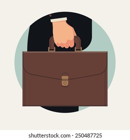 Vector business abstract circle icon on black suited businessman's hand holding briefcase, side view, isolated, flat design