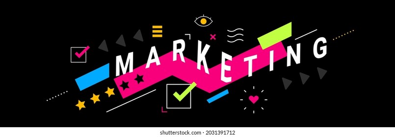 Vector Business Abstract Illustration with Word Marketing on Black Background with Color Elements and Growth Sign