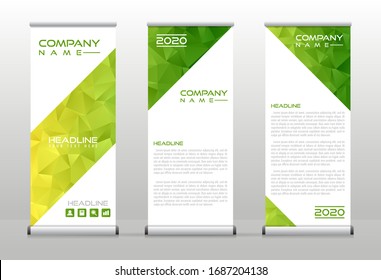 Vector business abstract set template. Roll up banner stand colorful design layout with green polygon.