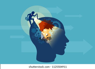 Vector Of An Business Adult Man Opening A Human Head With A Child Subconscious Mind Sitting Inside 