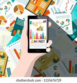 Vector Business Application on Mobile Phone in Human Hand with Paperwork Background. Money Gain Concept.
