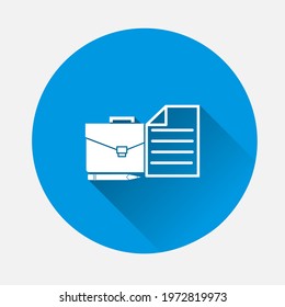 Vector business attributes icon. Diplomat, pencil and sheet cartoon style icon on blue background. Flat image with long shadow.