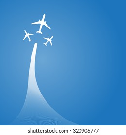 Vector business avia card with three airplanes, minimalistic style, whirlwind of airplane, for travel agencies, aviation companies