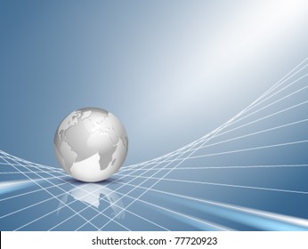 Vector business background - design with light silver grey 3d globe, world map with blue shiny abstract web, network backdrop - technical communication and connection concept