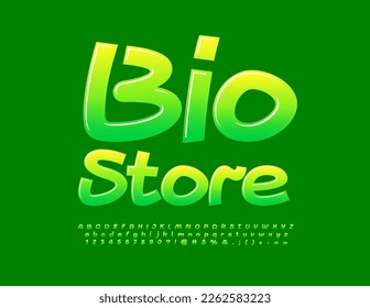Vector business badge Bio Store. Green gradient Alphabet Letters, Numbers an Symbols set. Artistic glossy Font