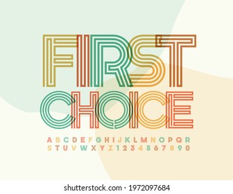 Vector business badge First Choice. Creative colorful Font. Maze style Alphabet Letters and Numbers set