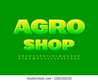 Vector business banner Agro Shop. Green glossy Font. Modern Creative set of Alphabet Letters and Numbers