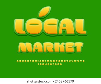 Vector business banner Local Market with decorative Leaf. Bold bright Font. Yellow and Green Alphabet Letters and Numbers set.