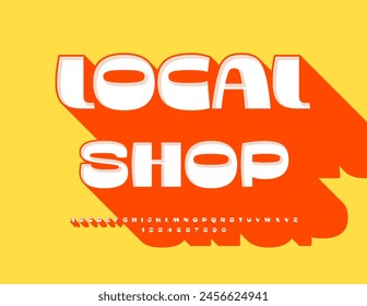 Vector business banner Local Shop. Modern Bright Font with Big Shadow. Set of White 3D Alphabet Letters and Numbers.