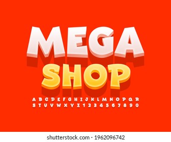 Vector business banner Mega Shop. Modern White Font. Creative Alphabet Letters and Numbers set
