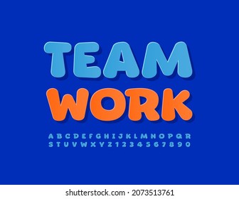 Banner de negocio de vectores Team Work. Tipo de letra de pegatina azul. Conjunto de letras y números de alfabeto moderno