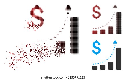 Vector business bar chart positive trend icon in sparkle, pixelated halftone and undamaged entire variants. Disappearing effect uses rectangular sparks and horizontal gradient from red to black.