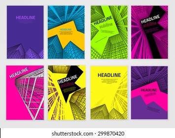 Vector business brochure cover template. Modern backgrounds for poster, print, flyer, book, booklet, brochure and leaflet design. Editable graphic collection in violet, orange, blue and black colors