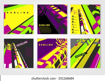 Vector business brochure cover template. Modern backgrounds for poster, print, flyer, book, booklet, brochure and leaflet design. Editable graphic collection in violet, yellow, pink and black colors