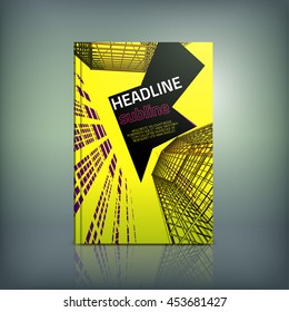 Vector business brochure cover template. Modern backgrounds for poster, print, flyer, book, booklet, brochure and leaflet design. Editable graphic collection in violet, yellow and black colors