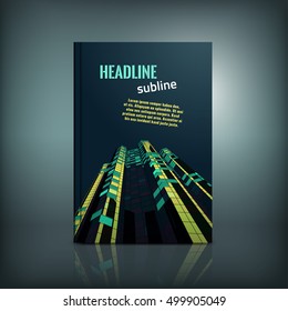 Vector business brochure design with city architecture element. Modern background for poster, print, book, booklet, brochure and leaflet design. Graphic collection in blue, green and black colors