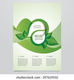 Folleto de negocio de vectores, plantilla de volante. Hojas verdes modernas, diseño ambiental.