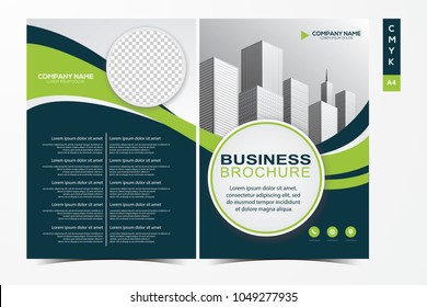 Vector Business brochure, flyers design template, company profile, magazine, poster, annual report, book & booklet cover, with green wavy line, and cityscape vector in background elements, size a4.