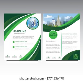 Vector Business brochure, flyers design template, company profile, magazine, poster, annual report, book & booklet cover, with green wavy line, and cityscape vector in background elements, size a4