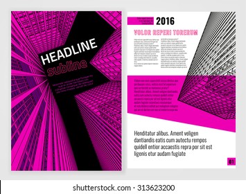 Vector business brochure template. Bright modern backgrounds for poster, print, flyer, book, booklet, brochure and leaflet design. Editable graphic image in white, black and magenta colors