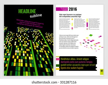 Vector business brochure template. Bright modern backgrounds for poster, print, flyer, book, booklet, brochure and leaflet design. Editable graphic image in white, black, pink and yellow colors