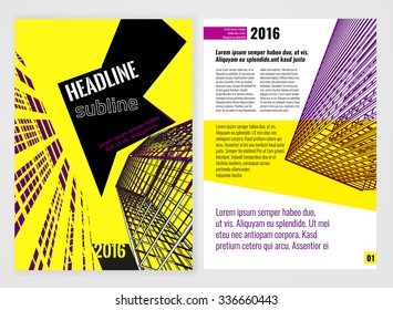 Vector business brochure template. Bright modern backgrounds for poster, print, flyer, book, booklet, brochure and leaflet design. Editable graphic image in white, black, violet and yellow colors