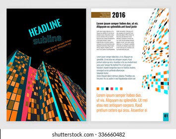 Vector business brochure template. Bright modern backgrounds for poster, print, flyer, book, booklet, brochure and leaflet design. Editable graphic image in white, black, orange and blue colors