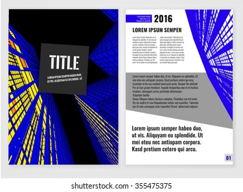 Vector business brochure template. Bright modern backgrounds for poster, print, flyer, book, booklet, brochure and leaflet design. Editable graphic image in blue, black and yellow colors