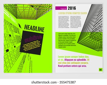 Vector business brochure template. Bright modern backgrounds for poster, print, flyer, book, booklet, brochure and leaflet design. Editable graphic image in green, black and magenta colors