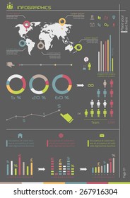 Vector business brochure template with Infographic elements, world map and UI elements. Flyer layout. Can be used for corporate report, presentation, advertising, marketing, web design etc.