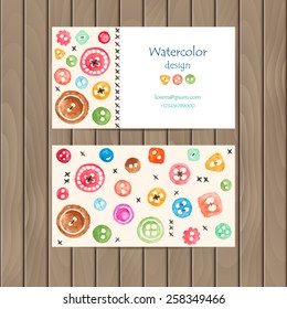Vector business card with colorful watercolor buttons on wood background. Business card template with plenty of space for your text. The original design for you