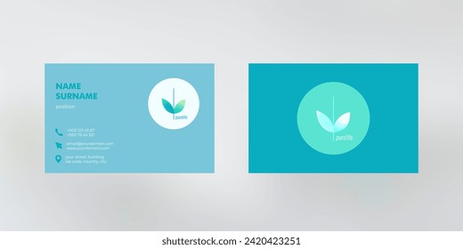 Vector business card design with blue background and leaf logo, visiting card template, cutaway mockup, calling card ready for printing, identification card with icons for contact information