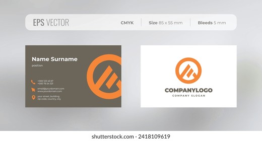 Vector business card design with brown background and orange logo, visiting card template, cutaway mockup, calling card ready for printing, identification card with icons for contact information