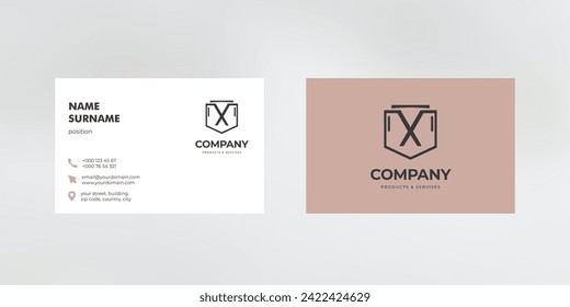 Vector business card design with brown background and shield logo, visiting card template, cutaway mockup, calling card ready for printing, identification card with icons for contact information