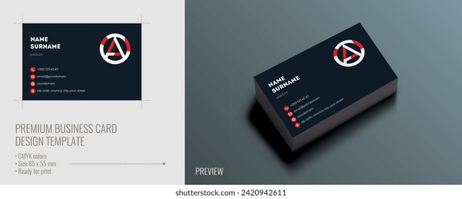 Vector business card design with color background and letter A logo, visiting card template, cutaway mockup, calling card ready for printing, identification card with icons for contact information