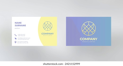 Vector business card design with color background and geometrical logo, visiting card template, cutaway mockup, calling card ready for printing, identification card with icons for contact information