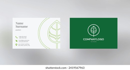 Vector business card design with green background and leaf logo, visiting card template, cutaway mockup, calling card ready for printing, identification card with icons for contact information