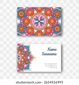 Diseño de tarjeta de visita de Vector en estilo oriental. Diseño de mandala redondo, Islam, árabe, motivos indios. Tarjeta de visita Antiguas para empleados de estudios de yoga, salones de tatuajes, clínicas de belleza, salas de masajes