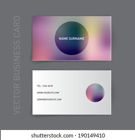 Vector business card design template. Abstract blurry purple bokeh background.